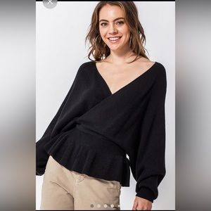 NEW Peplum Ribbed Knit Sweater Top In Black